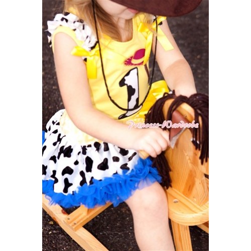 Yellow Baby Pettitop with 1st Cowgirl Hat Braid Milk Cow Birthday Number Print with Milk Cow Ruffles & Yellow Bow with Yellow Royal Blue Milk Cow Newborn Pettiskirt BG90 